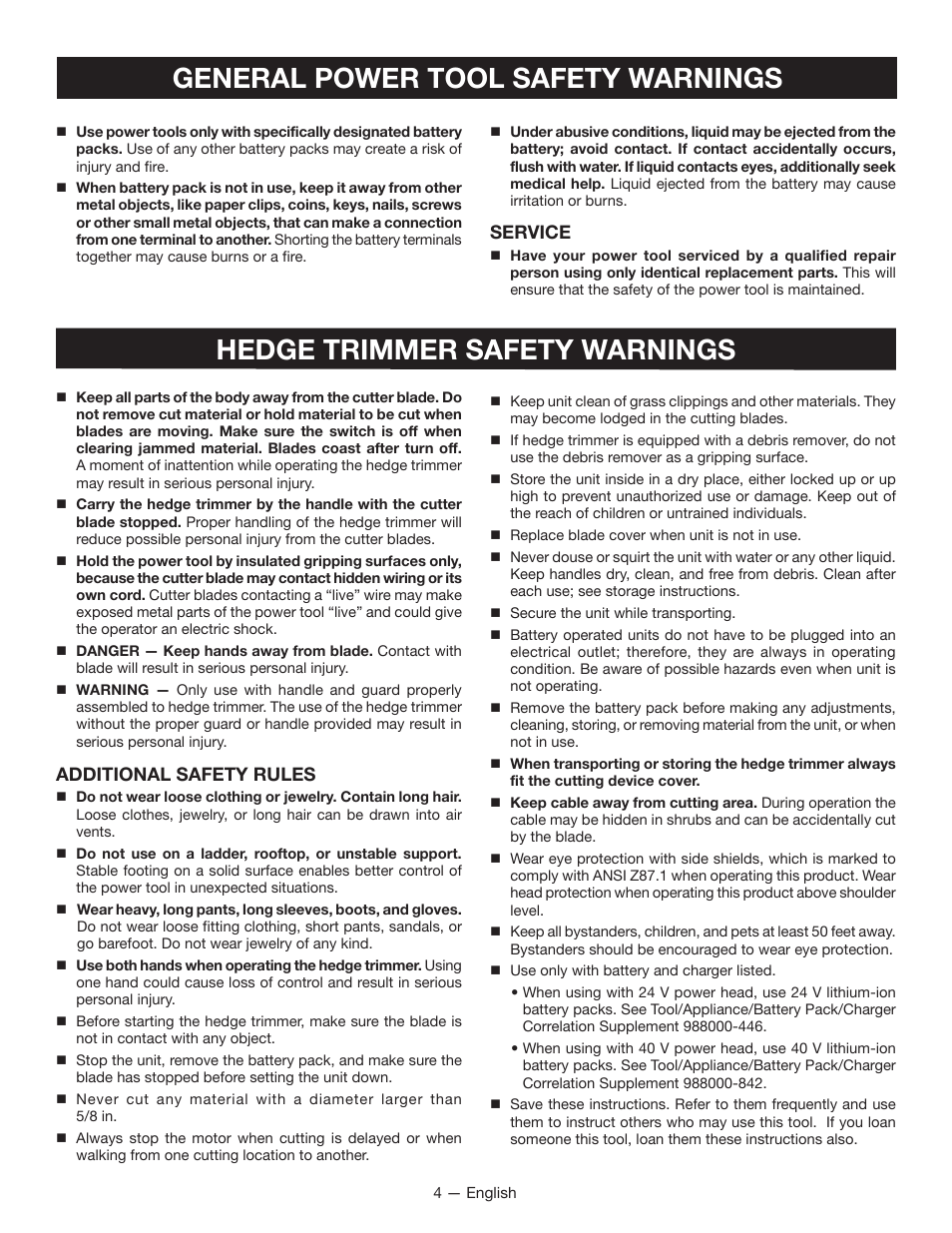 General power tool safety warnings, Hedge trimmer safety warnings, Service | Additional safety rules | Ryobi RY40060 User Manual | Page 8 / 40