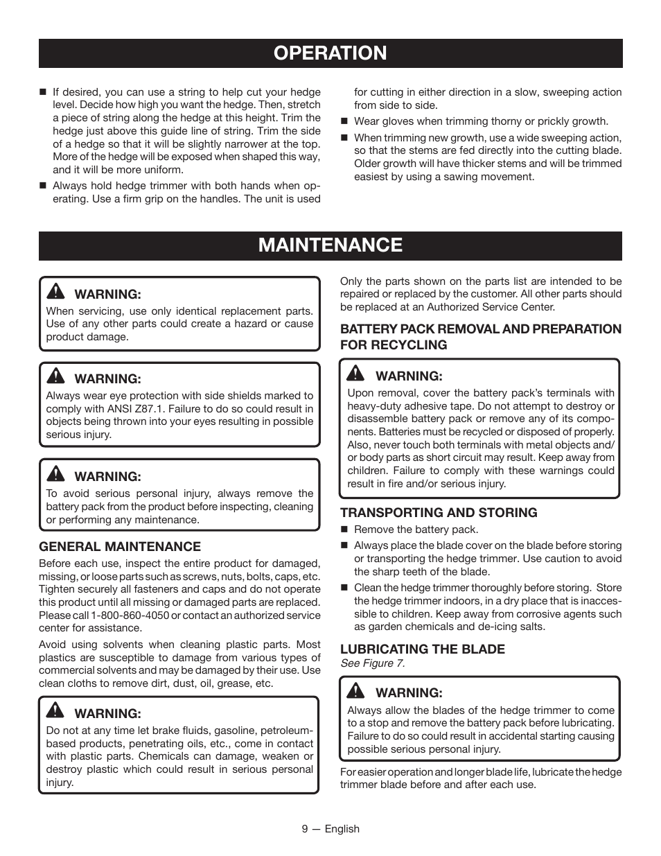 Operation, Maintenance | Ryobi RY24602 User Manual | Page 11 / 34