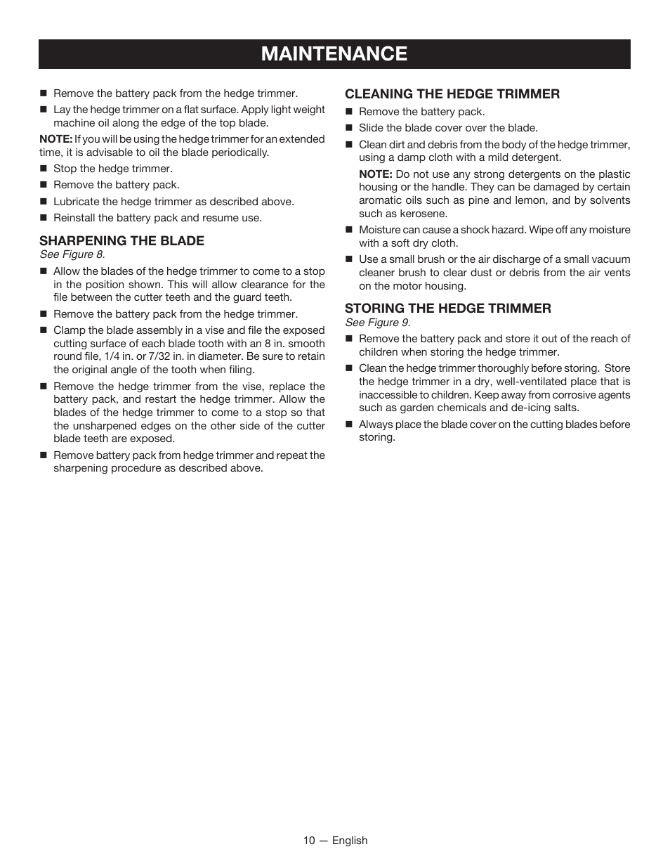 Maintenance | Ryobi RY24602 User Manual | Page 12 / 34