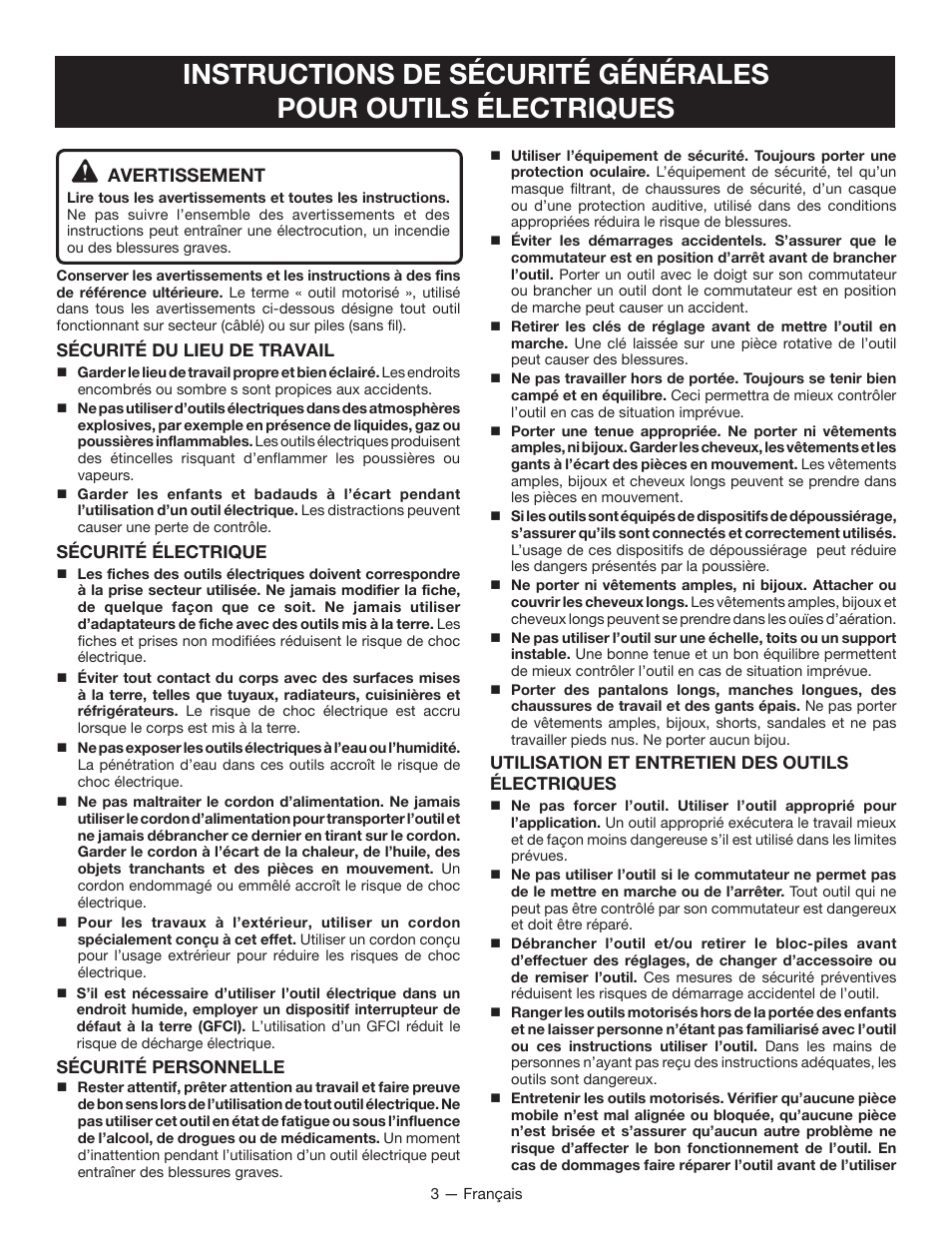 Avertissement | Ryobi RY24602 User Manual | Page 14 / 34