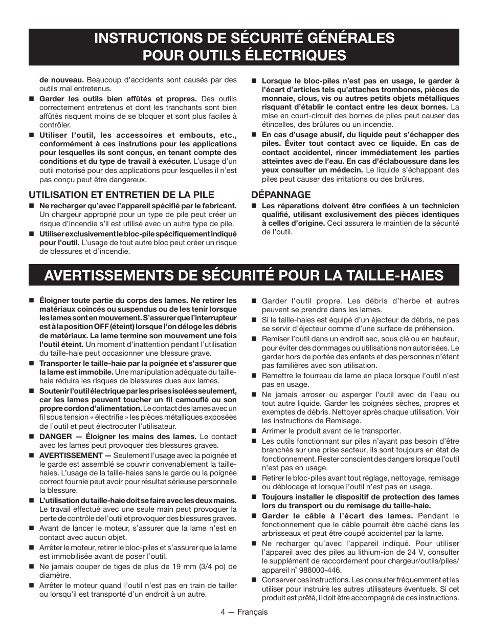 Avertissements de sécurité pour la taille-haies, Utilisation et entretien de la pile, Dépannage | Ryobi RY24602 User Manual | Page 15 / 34