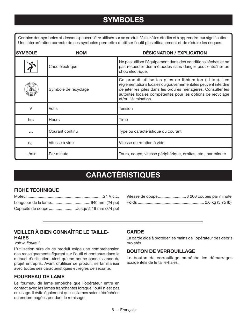 Symboles caractéristiques | Ryobi RY24602 User Manual | Page 17 / 34