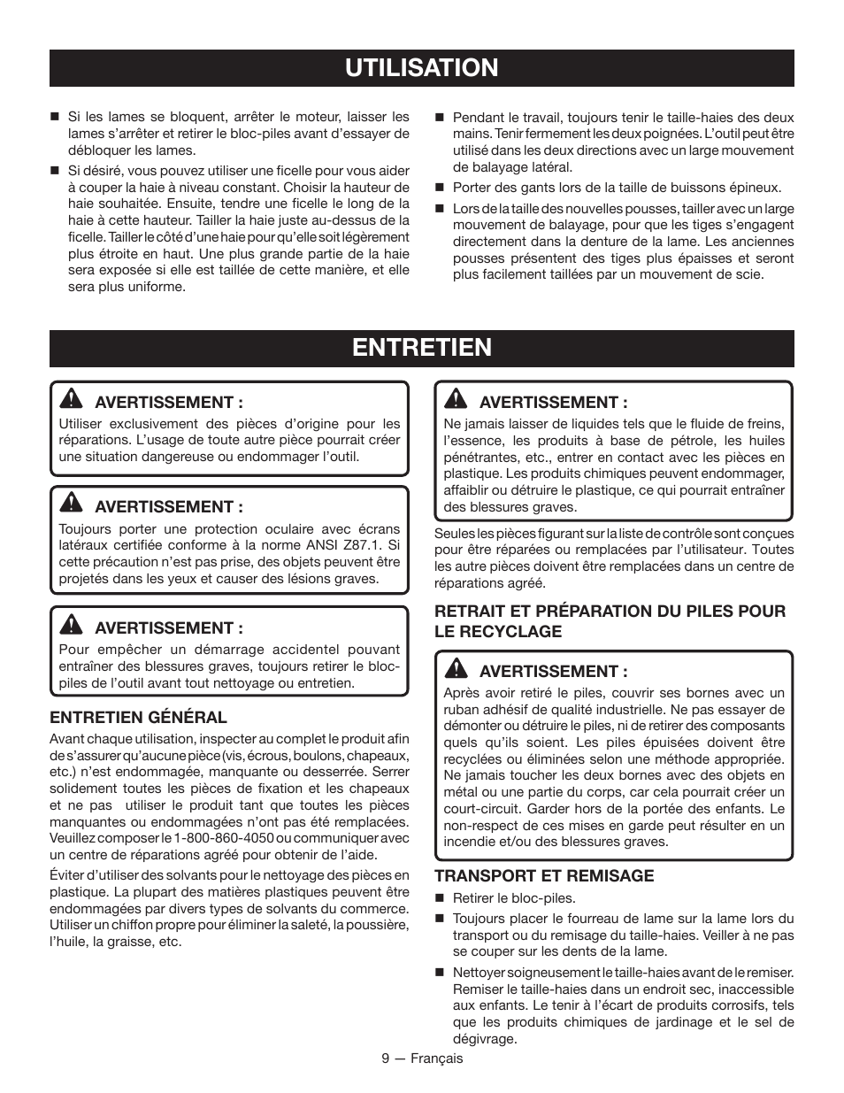 Utilisation, Entretien | Ryobi RY24602 User Manual | Page 20 / 34