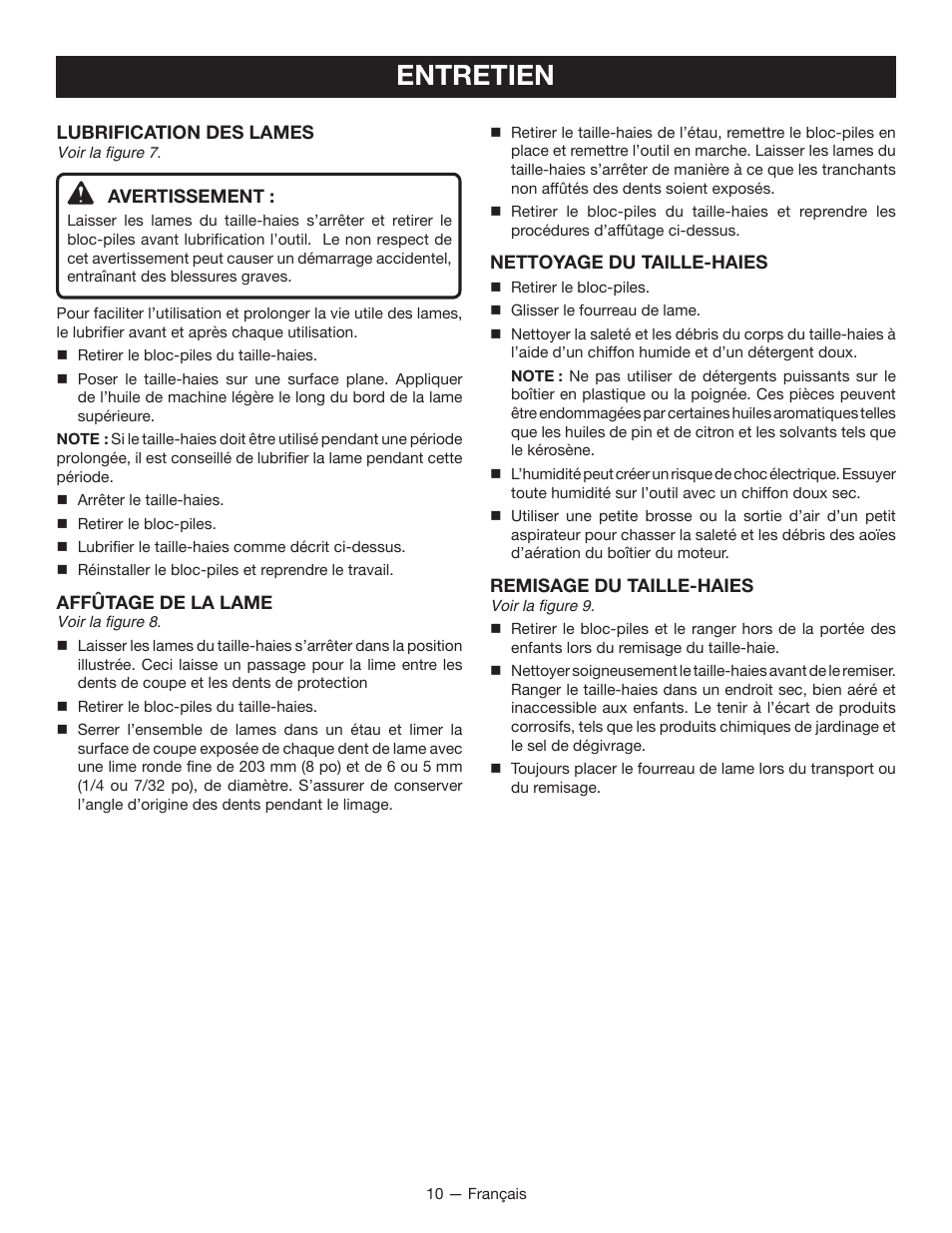 Entretien | Ryobi RY24602 User Manual | Page 21 / 34