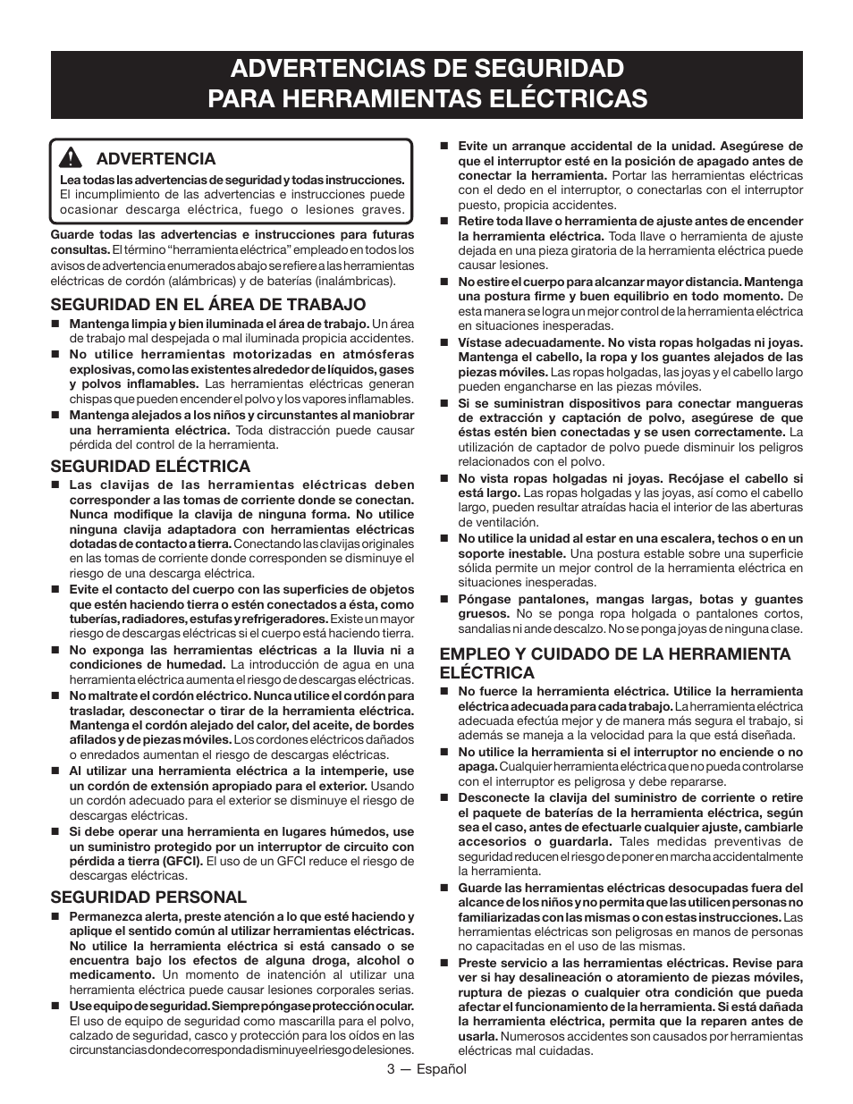 Advertencia, Seguridad en el área de trabajo, Seguridad eléctrica | Seguridad personal, Empleo y cuidado de la herramienta eléctrica | Ryobi RY24602 User Manual | Page 23 / 34