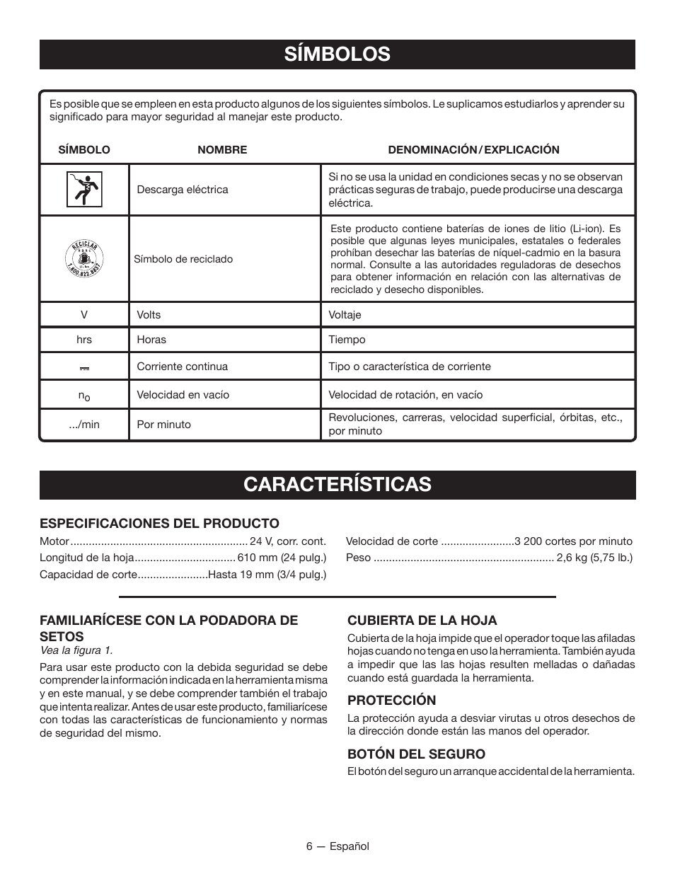 Símbolos características | Ryobi RY24602 User Manual | Page 26 / 34