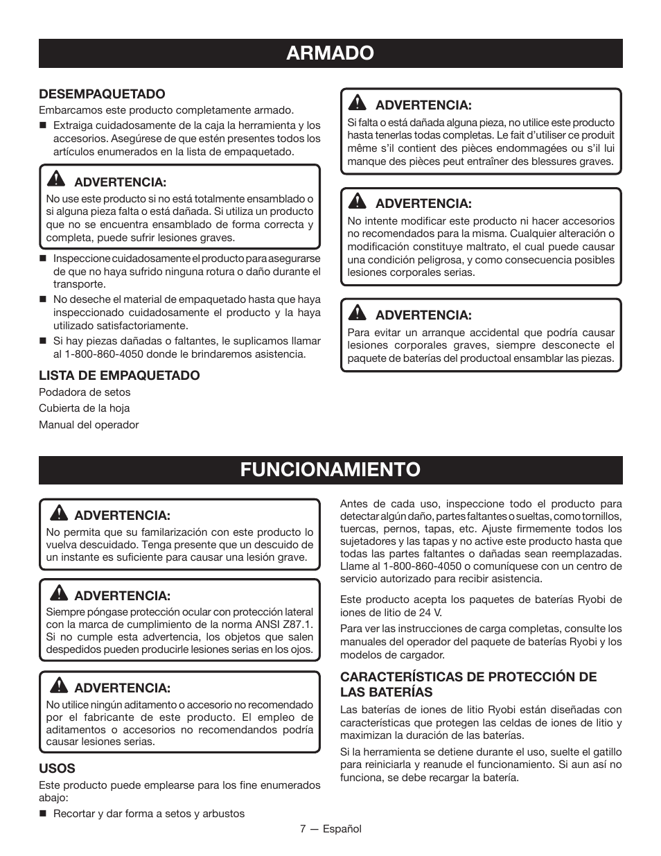 Armado, Funcionamiento | Ryobi RY24602 User Manual | Page 27 / 34