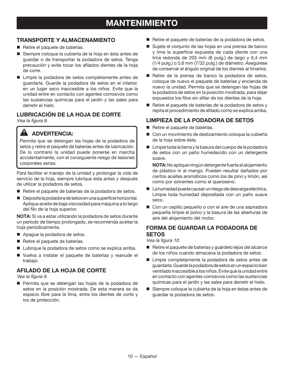 Mantenimiento | Ryobi RY24602 User Manual | Page 30 / 34