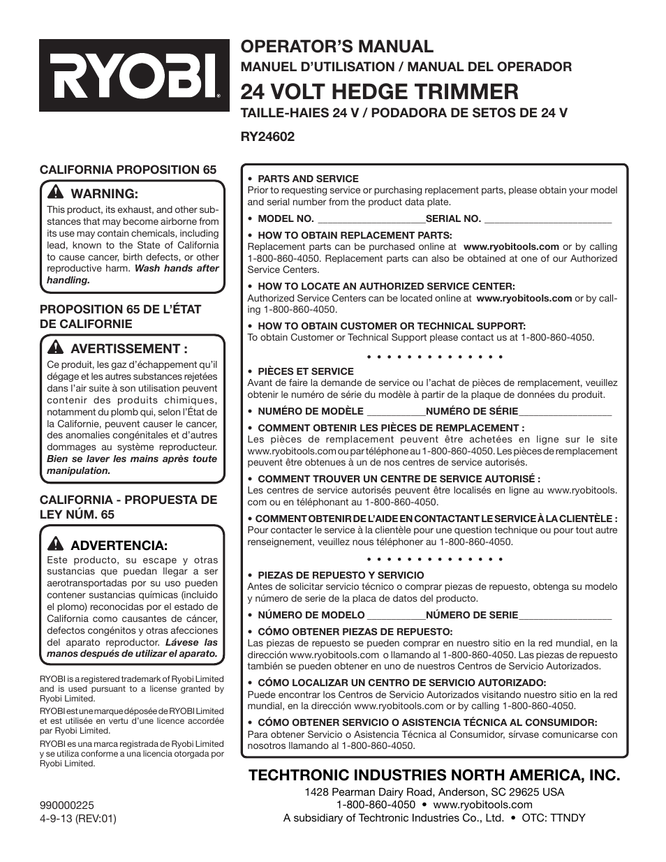 24 volt hedge trimmer, Operator’s manual, Techtronic industries north america, inc | Ryobi RY24602 User Manual | Page 34 / 34