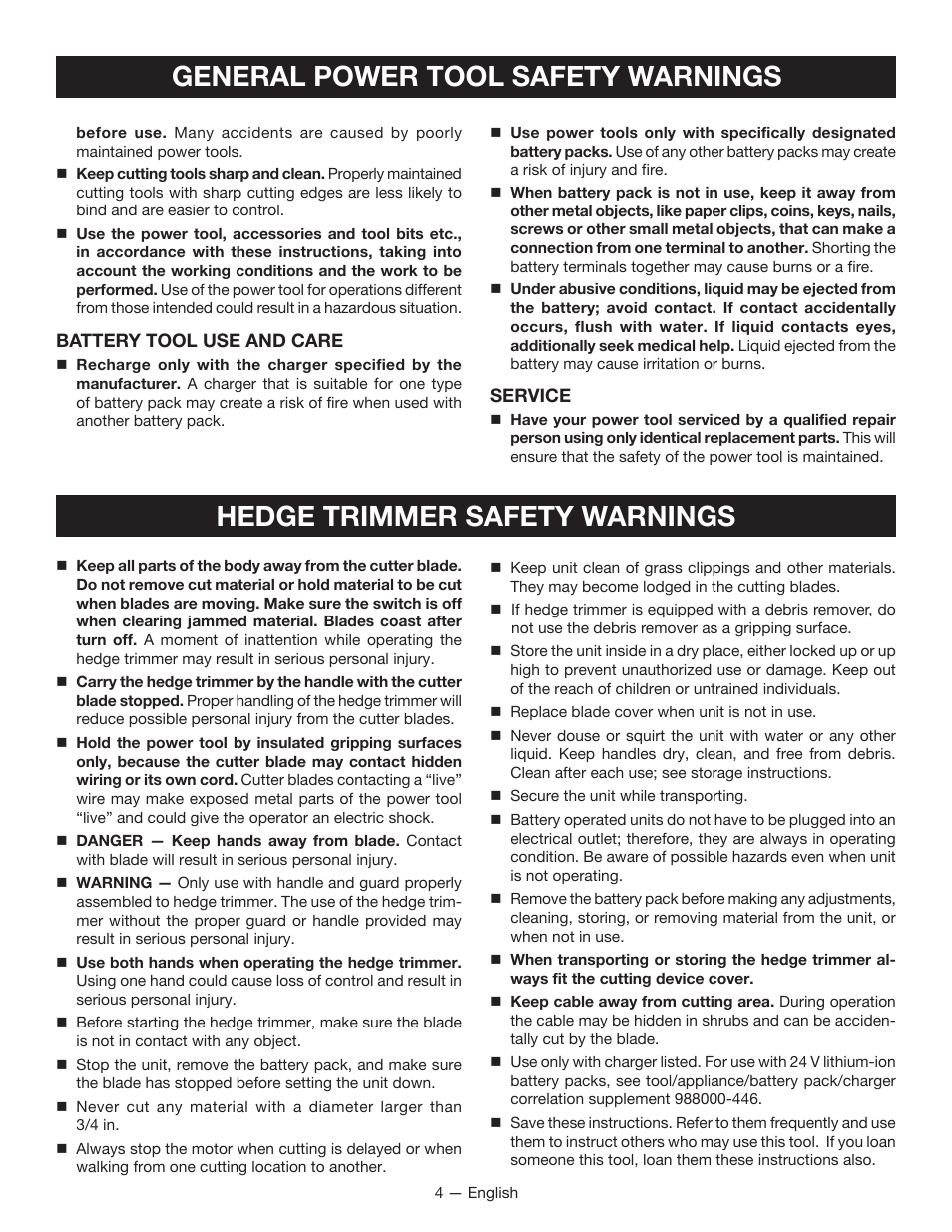 General power tool safety warnings, Hedge trimmer safety warnings | Ryobi RY24602 User Manual | Page 6 / 34