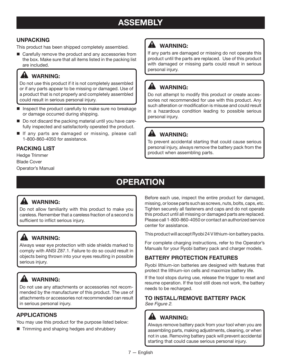 Assembly, Operation | Ryobi RY24602 User Manual | Page 9 / 34