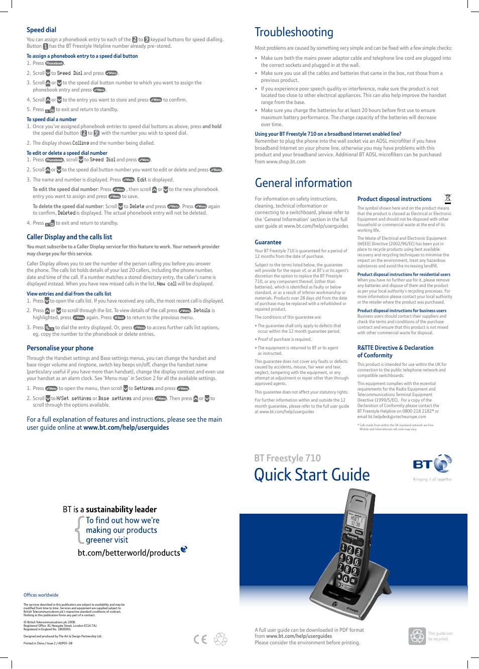 Quick start guide, General information, Troubleshooting | Bt freestyle 710, Speed dial, Caller display and the calls list, Personalise your phone | BT Freestyle 710 User Manual | Page 2 / 2