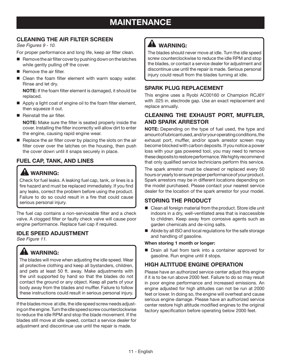 Maintenance | Ryobi RY39506 User Manual | Page 13 / 42