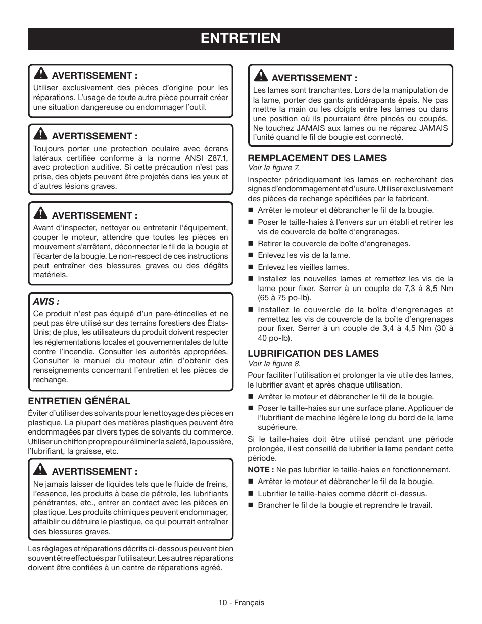 Entretien | Ryobi RY39506 User Manual | Page 25 / 42