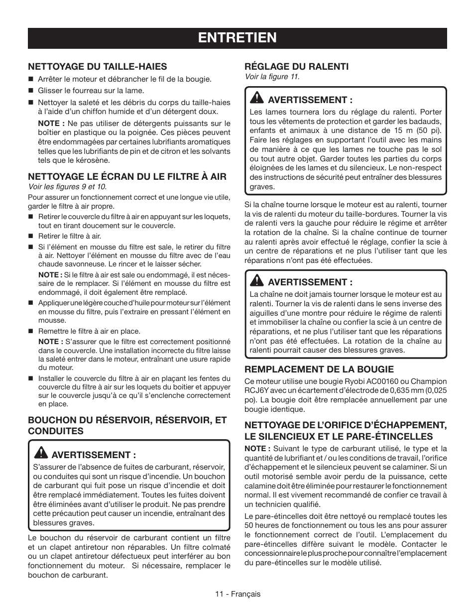 Entretien | Ryobi RY39506 User Manual | Page 26 / 42