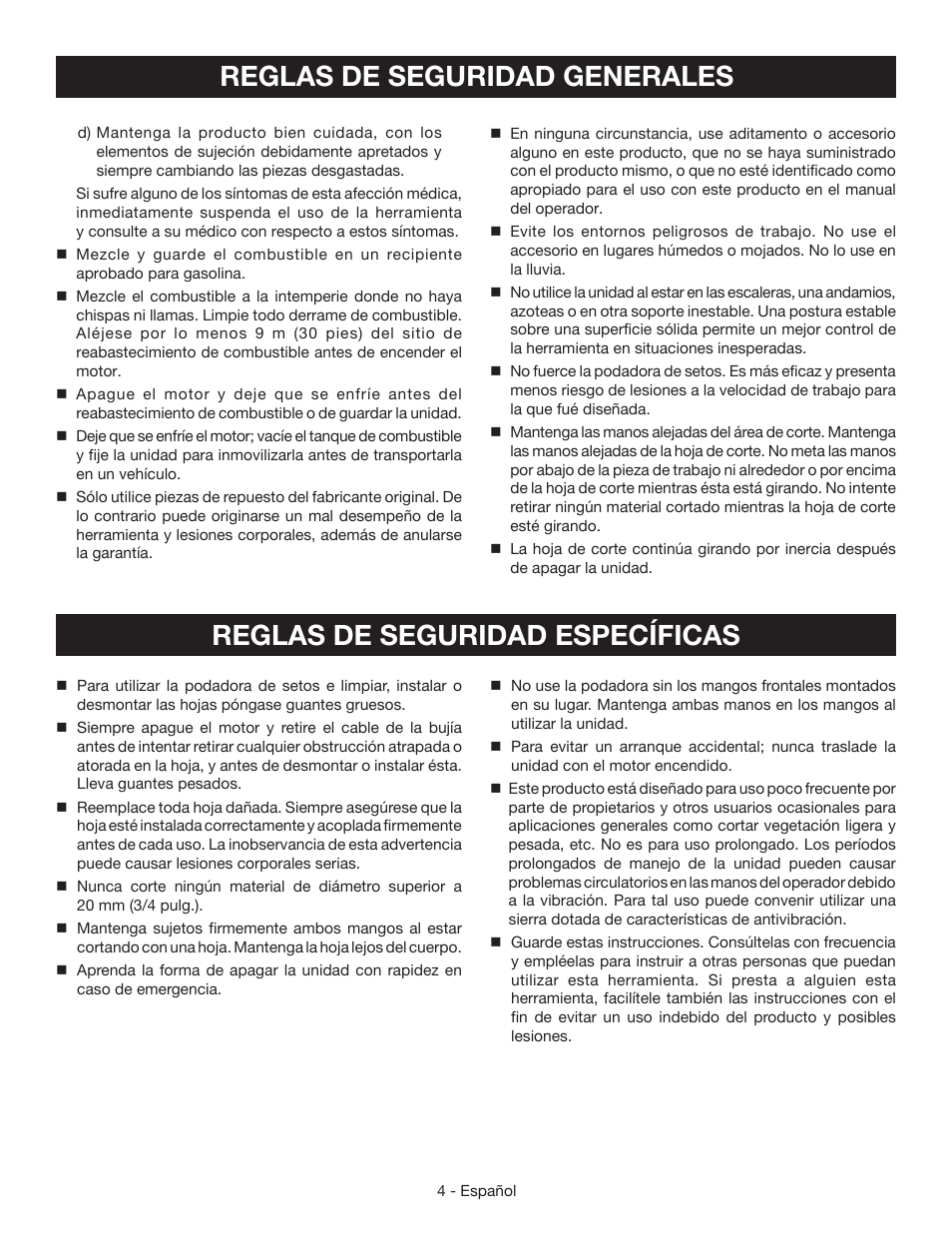 Reglas de seguridad específicas, Reglas de seguridad generales | Ryobi RY39506 User Manual | Page 31 / 42