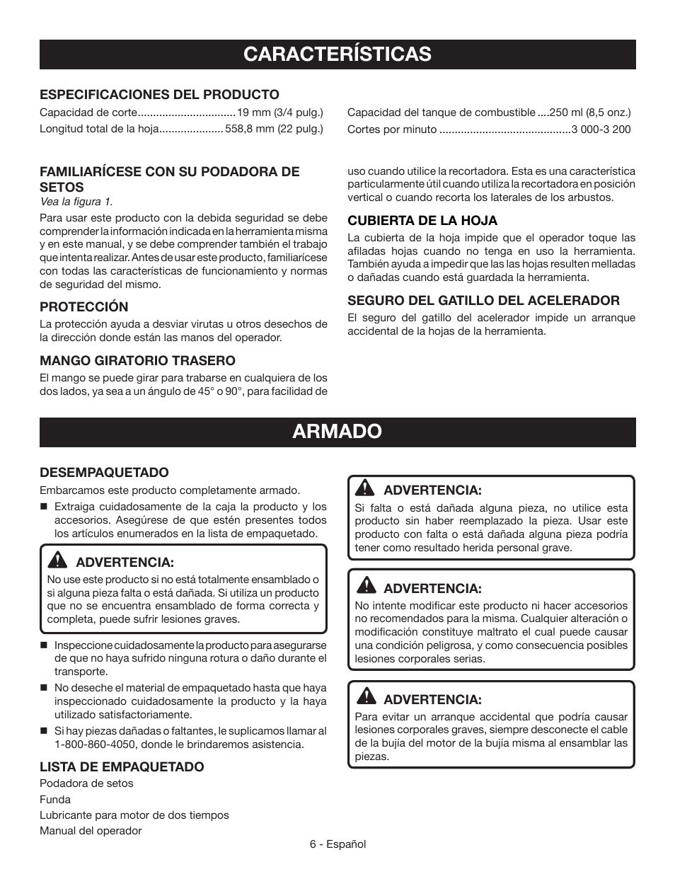 Características, Armado | Ryobi RY39506 User Manual | Page 33 / 42