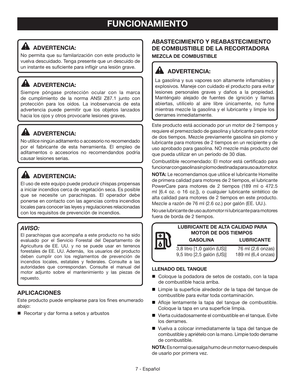 Funcionamiento | Ryobi RY39506 User Manual | Page 34 / 42