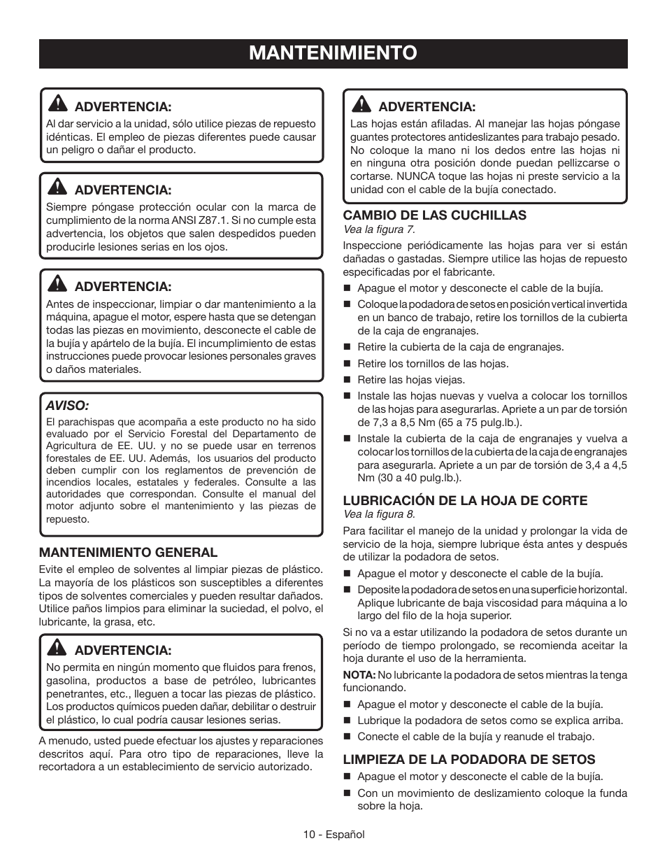 Mantenimiento | Ryobi RY39506 User Manual | Page 37 / 42