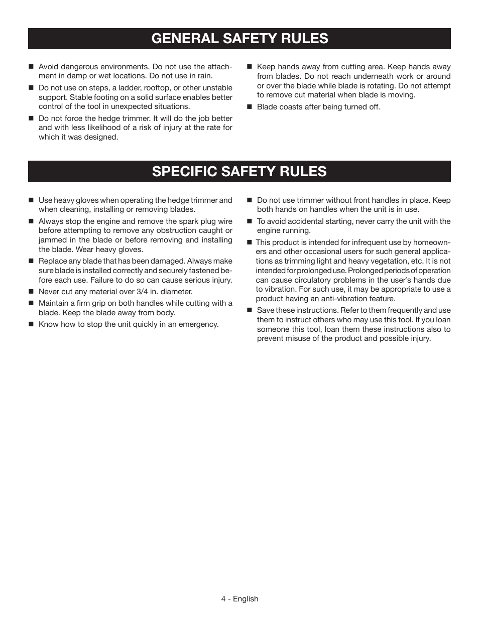Specific safety rules, General safety rules | Ryobi RY39506 User Manual | Page 6 / 42