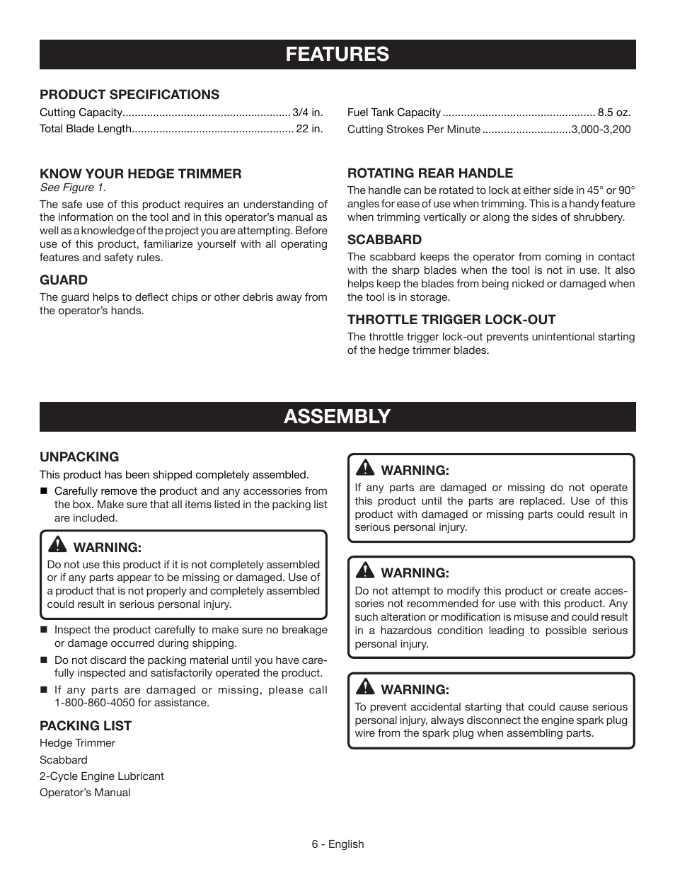 Features, Assembly | Ryobi RY39506 User Manual | Page 8 / 42