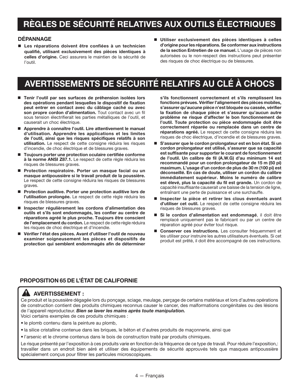 Avertissements de sécurité relatifs au clй а chocs | Ryobi D700W User Manual | Page 12 / 28