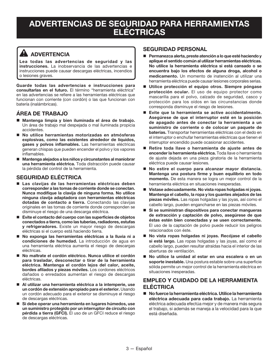 Advertencia, Área de trabajo, Seguridad eléctrica | Seguridad personal, Empleo y cuidado de la herramienta eléctrica | Ryobi D700W User Manual | Page 19 / 28