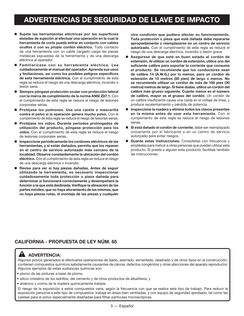 Advertencias de seguridad de llave de impacto | Ryobi D700W User Manual | Page 21 / 28