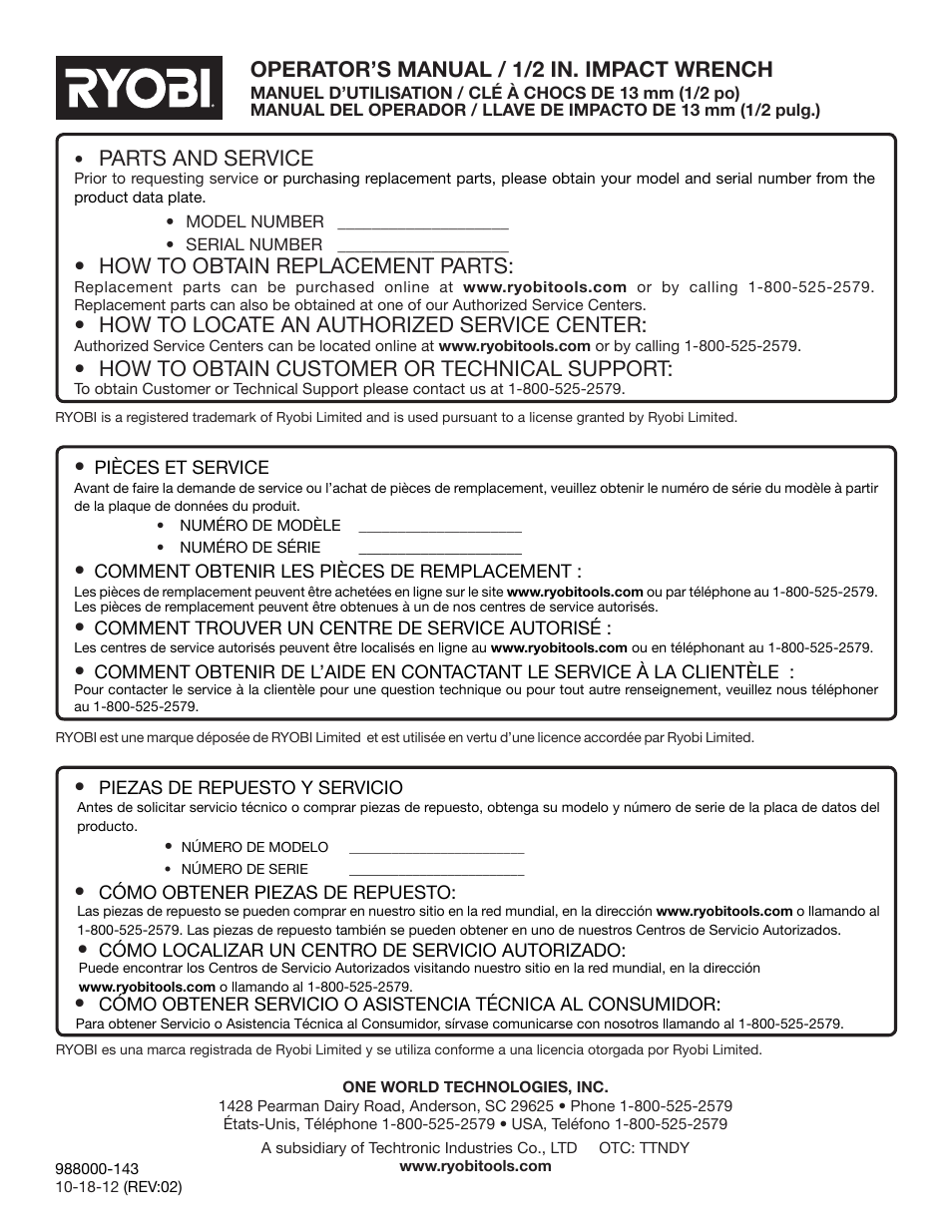 Parts and service, How to obtain replacement parts, How to locate an authorized service center | How to obtain customer or technical support, Operator’s manual / 1/2 in. impact wrench | Ryobi D700W User Manual | Page 28 / 28