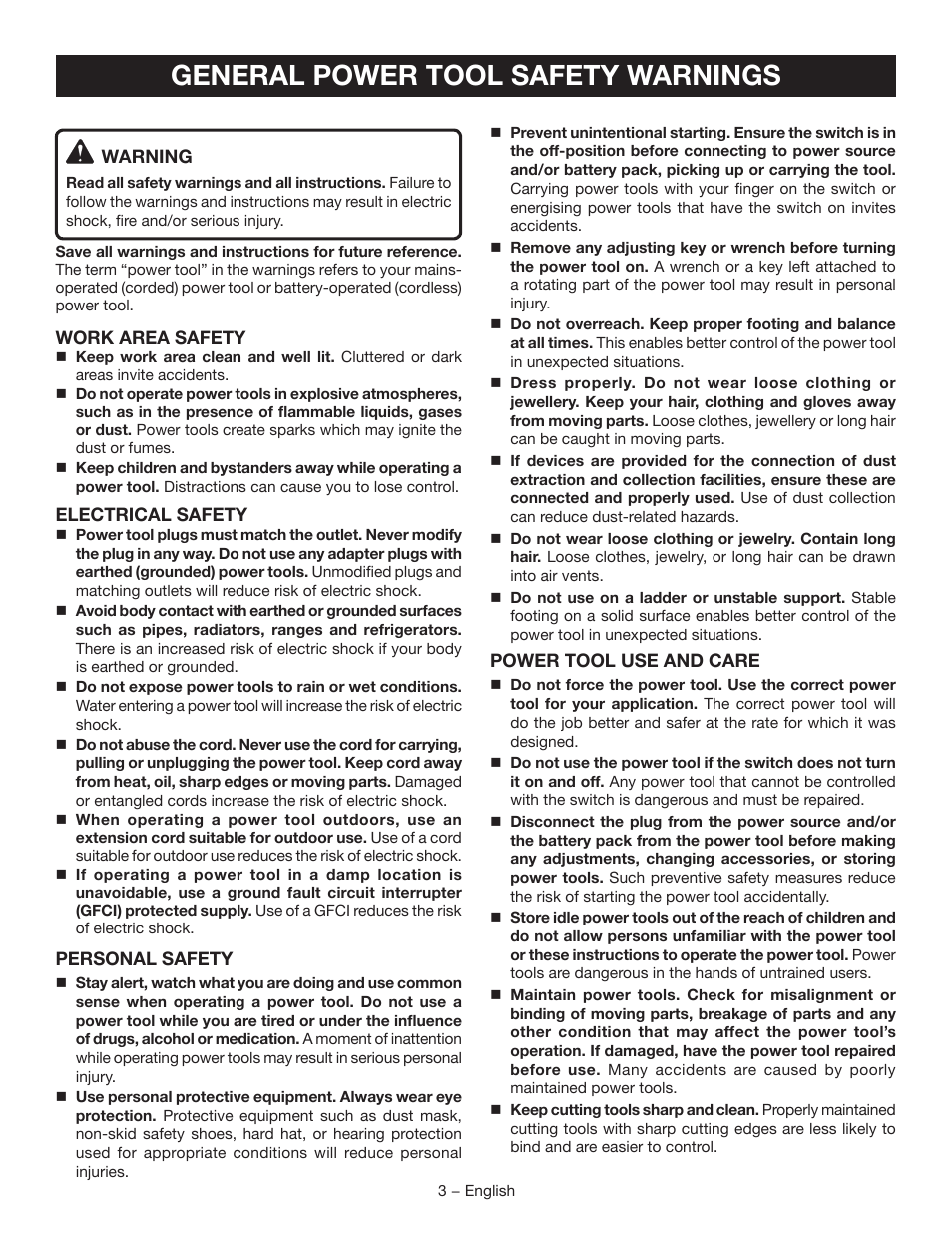 General power tool safety warnings | Ryobi D700W User Manual | Page 3 / 28