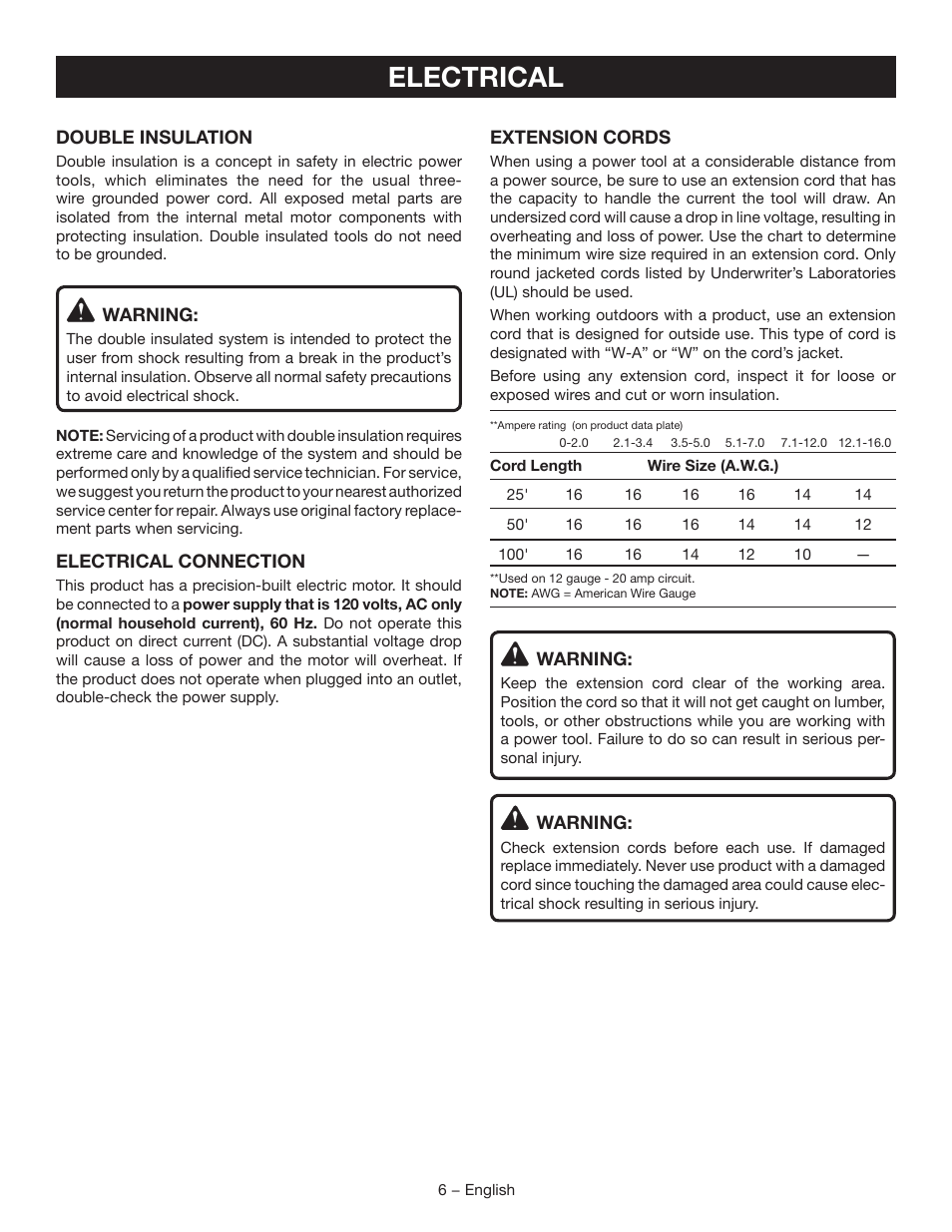 Electrical | Ryobi D700W User Manual | Page 6 / 28