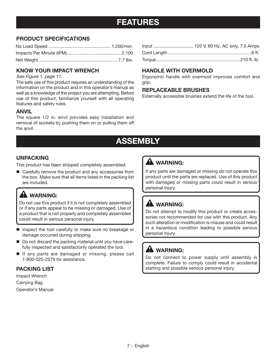 Features, Assembly | Ryobi D700W User Manual | Page 7 / 28