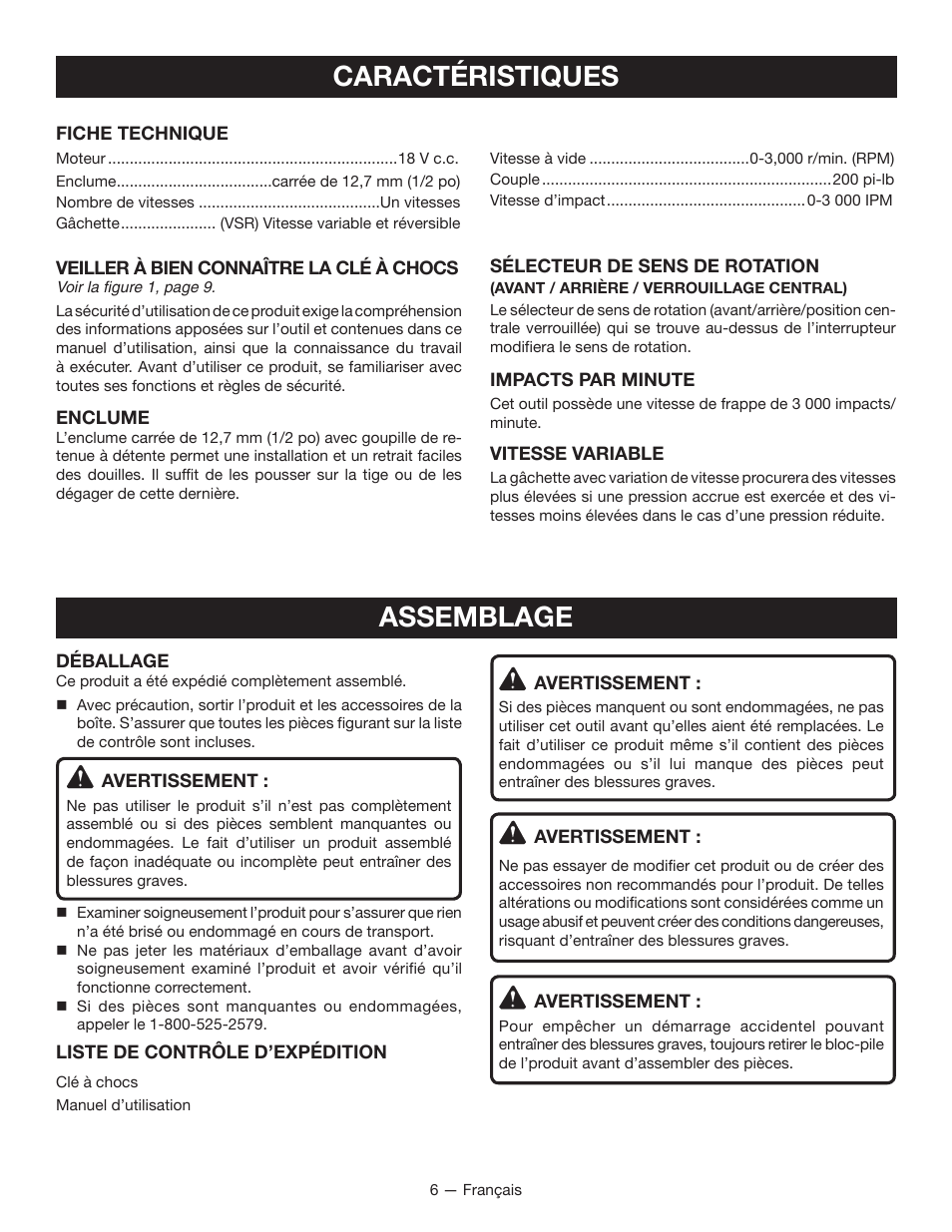 Caractéristiques, Assemblage | Ryobi P260 User Manual | Page 13 / 24