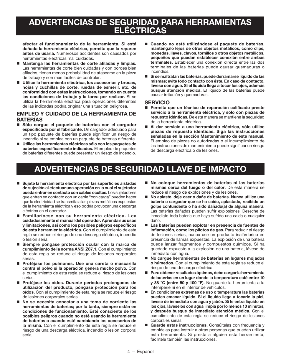 Advertencias de seguridad llave de impacto | Ryobi P260 User Manual | Page 18 / 24