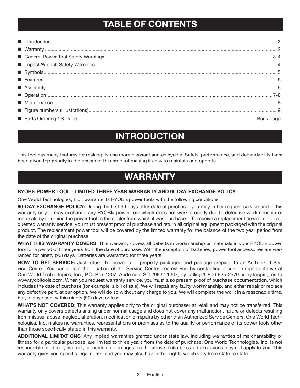 Table of contents introduction, Warranty | Ryobi P260 User Manual | Page 2 / 24