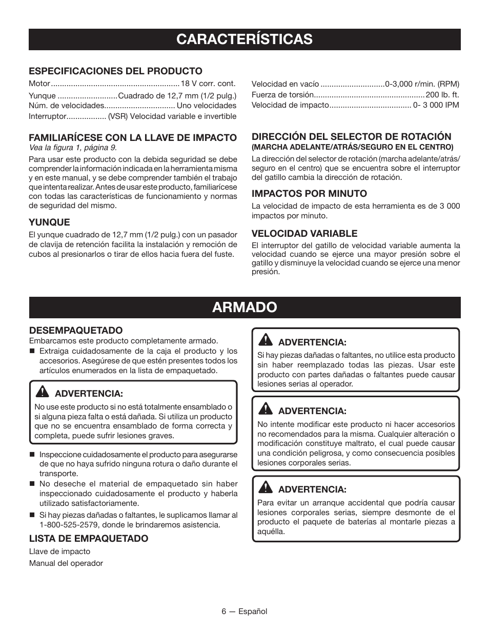 Características, Armado | Ryobi P260 User Manual | Page 20 / 24