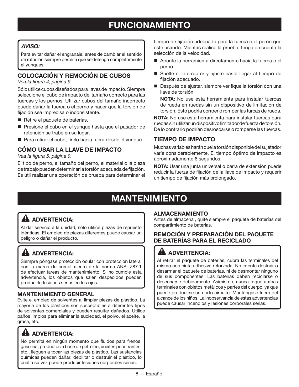 Funcionamiento, Mantenimiento | Ryobi P260 User Manual | Page 22 / 24