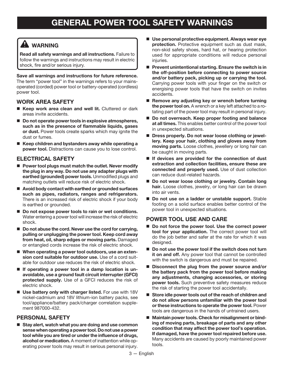 General power tool safety warnings | Ryobi P260 User Manual | Page 3 / 24