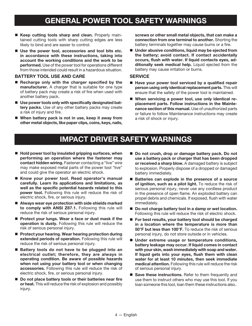 General power tool safety warnings, Impact driver safety warnings | Ryobi P260 User Manual | Page 4 / 24