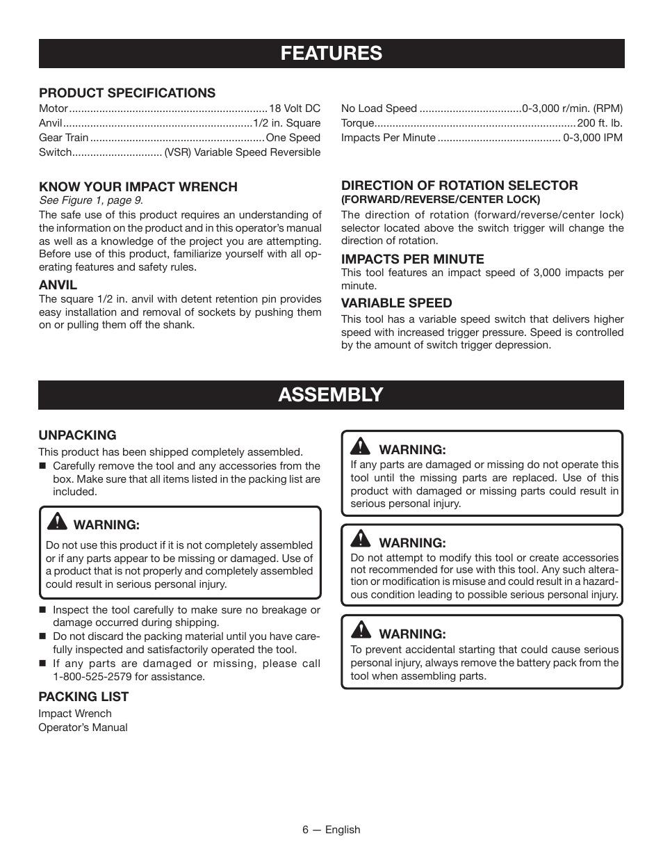 Features, Assembly | Ryobi P260 User Manual | Page 6 / 24