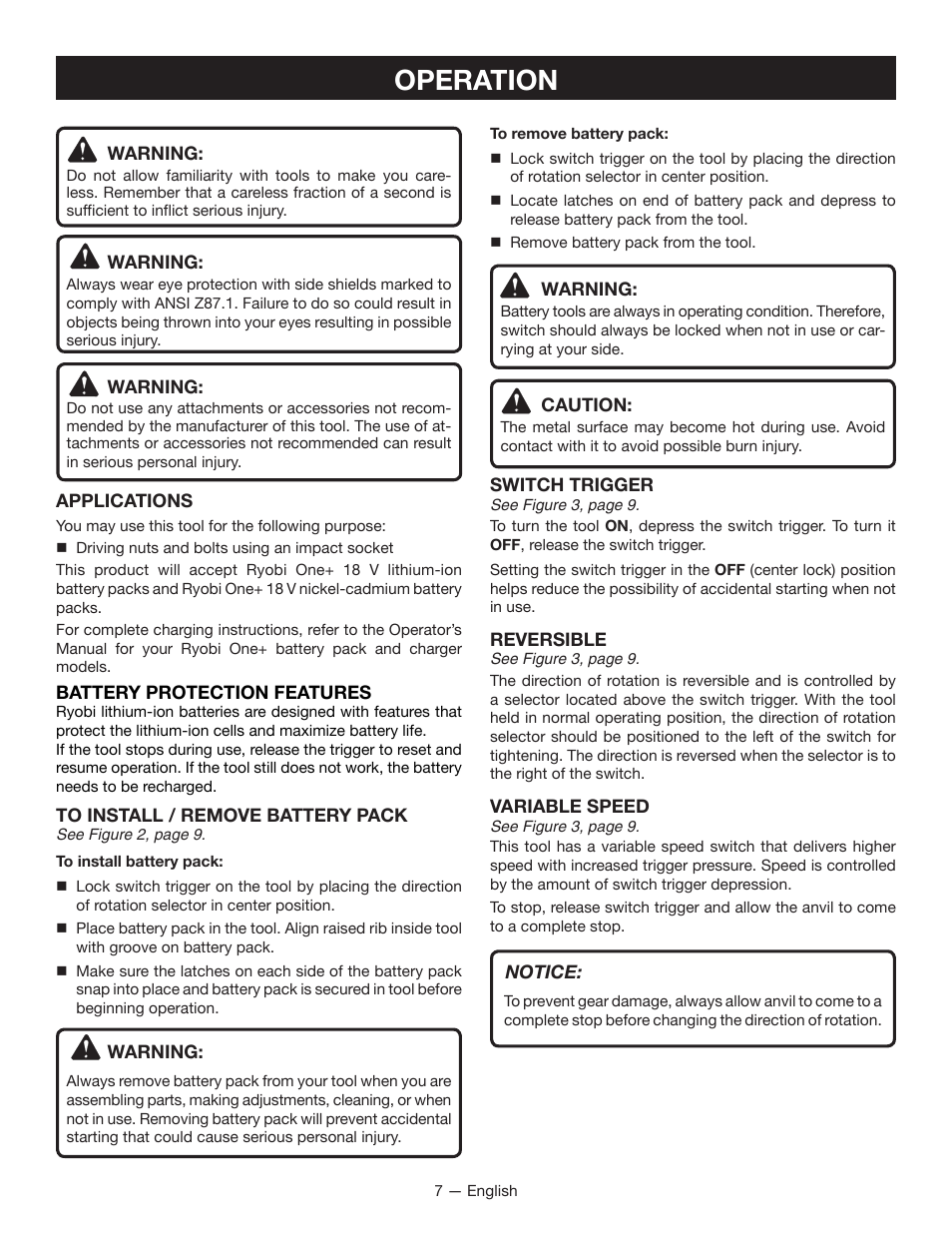 Operation | Ryobi P260 User Manual | Page 7 / 24