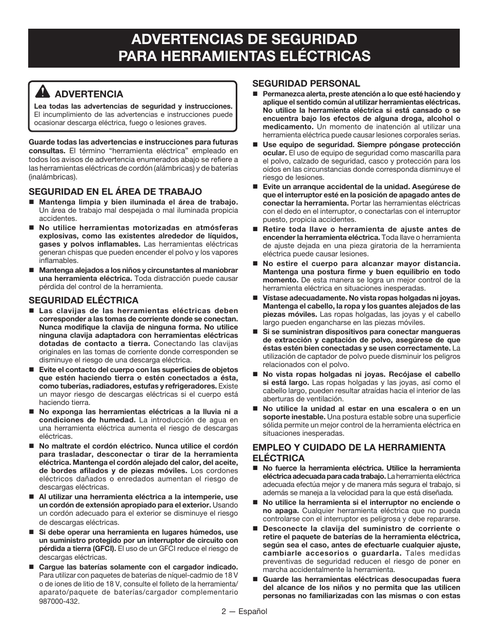 Advertencia | Ryobi P261 User Manual | Page 12 / 20