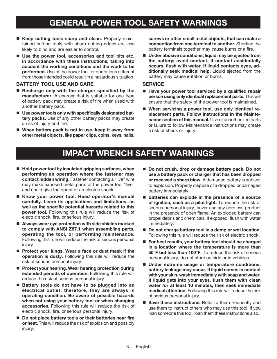 General power tool safety warnings, Impact wrench safety warnings | Ryobi P261 User Manual | Page 3 / 20