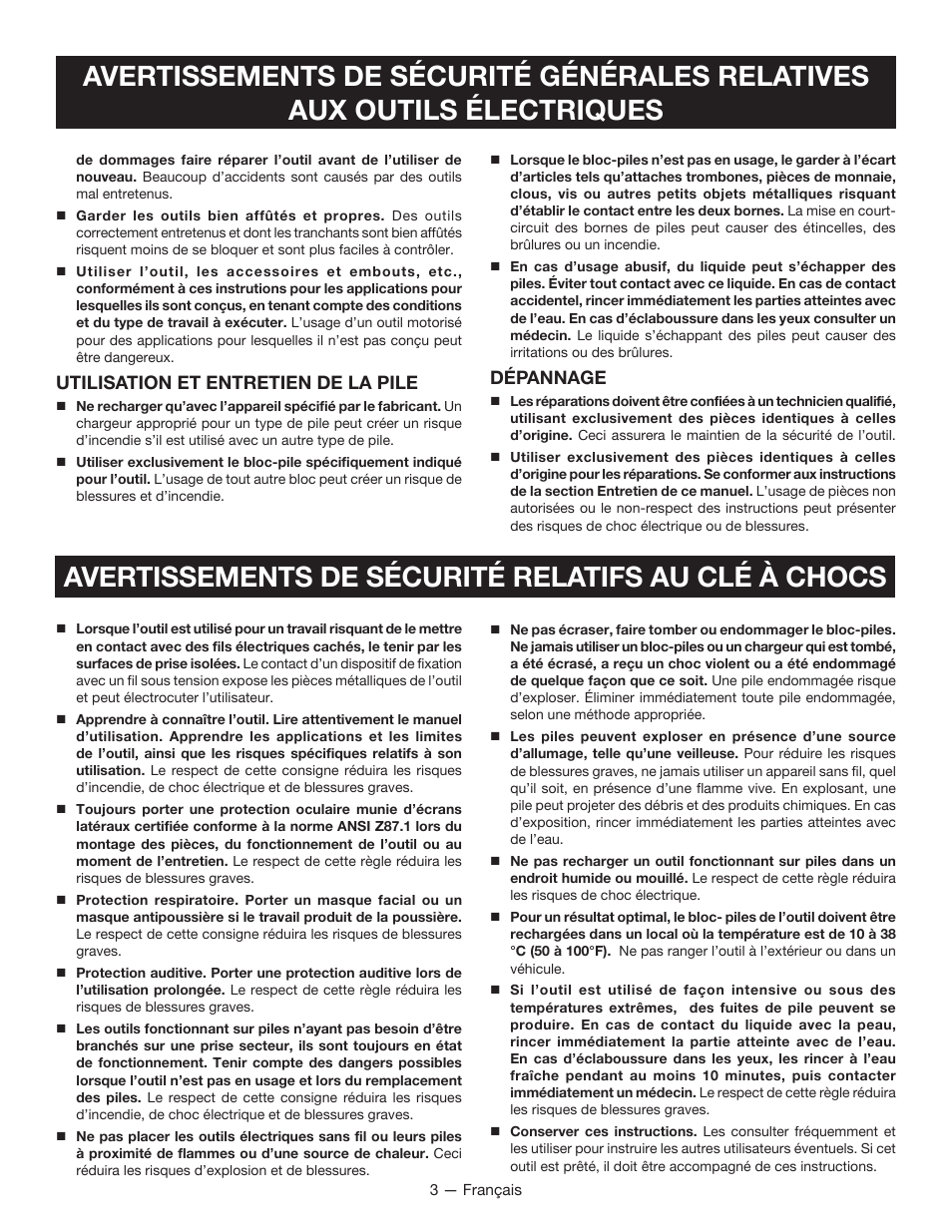 Avertissements de sécurité relatifs au clй а chocs | Ryobi P261 User Manual | Page 8 / 20