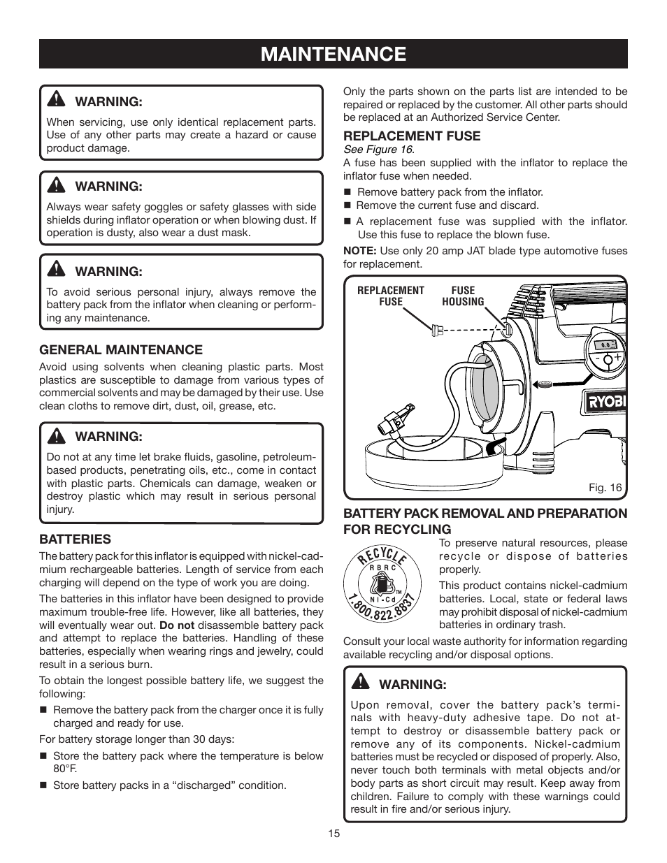Maintenance | Ryobi P730 User Manual | Page 15 / 16