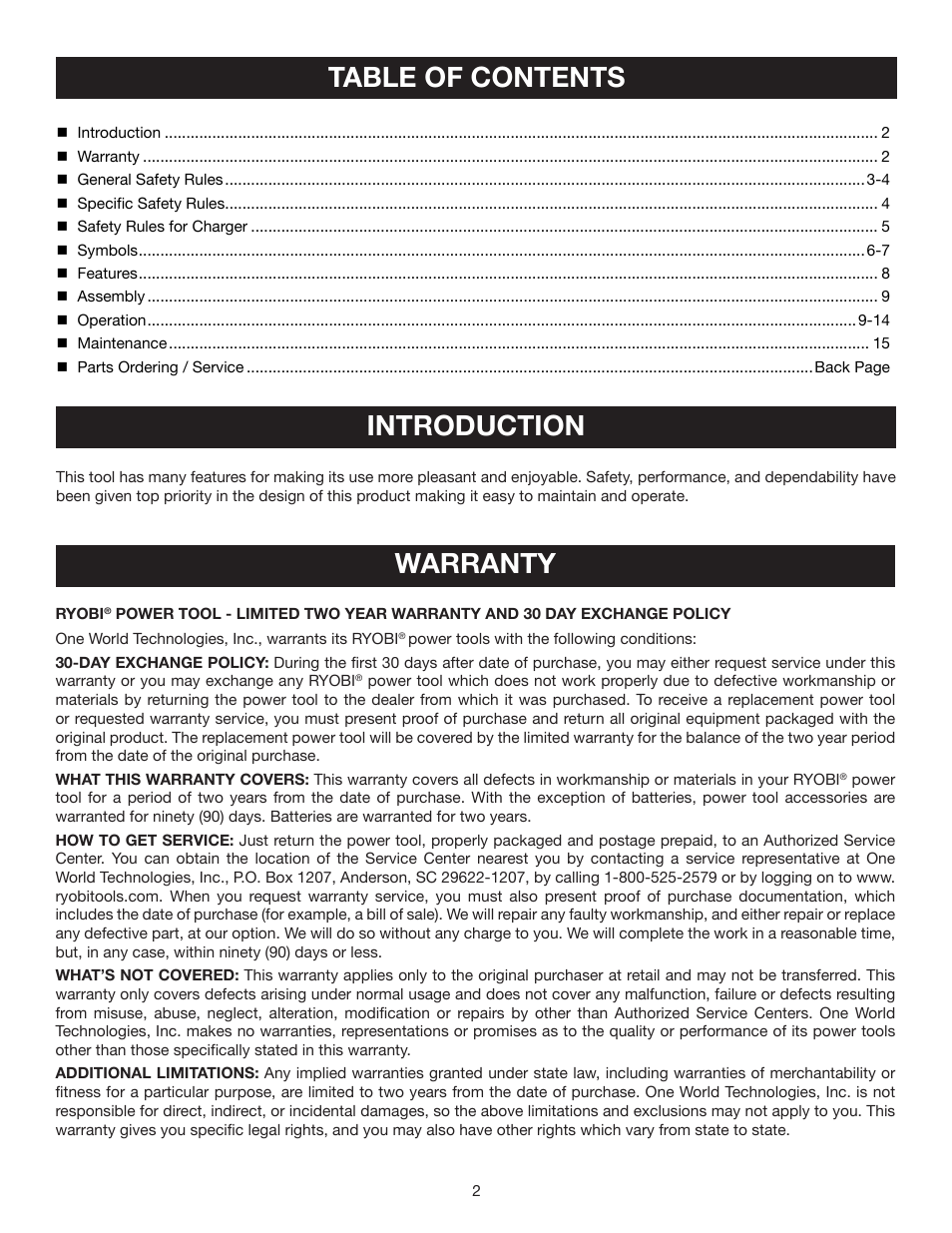 Table of contents introduction, Warranty | Ryobi P730 User Manual | Page 2 / 16