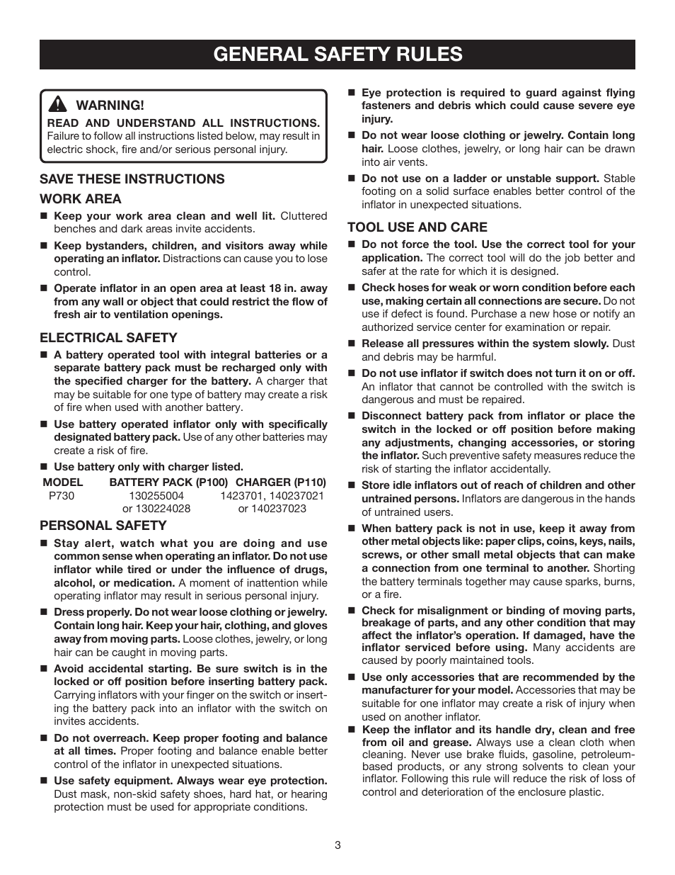 General safety rules | Ryobi P730 User Manual | Page 3 / 16