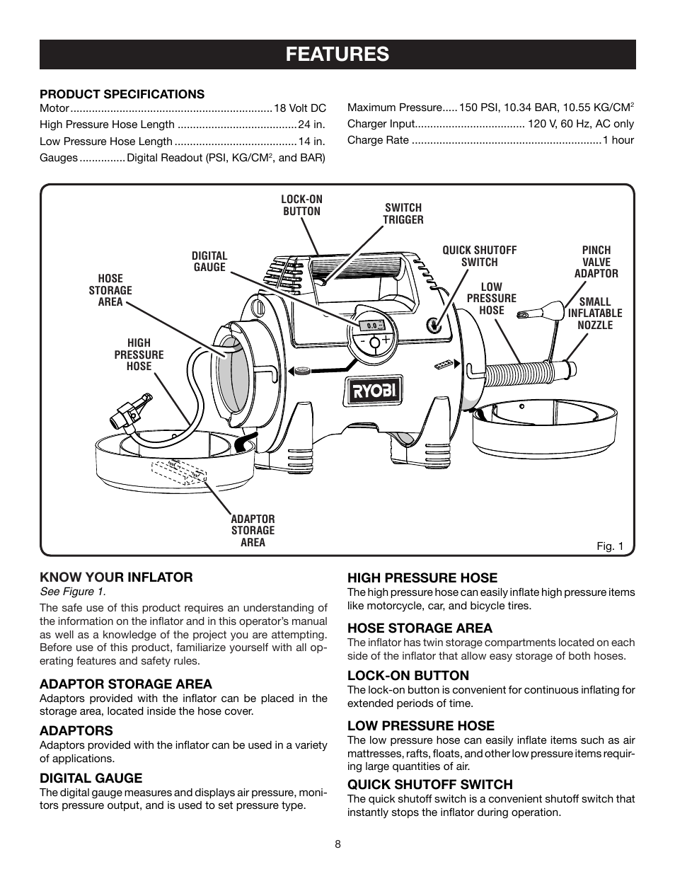 Features | Ryobi P730 User Manual | Page 8 / 16