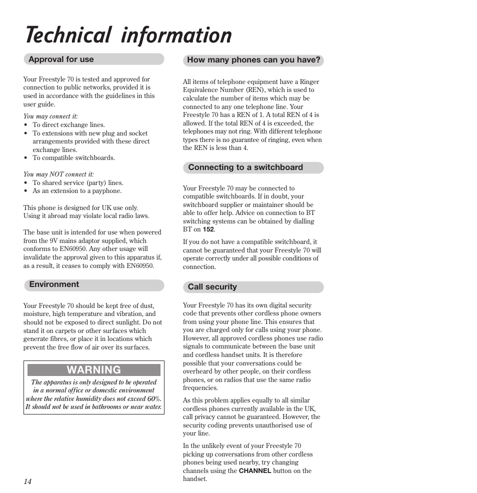 Technical information, Warning | BT Freestyle 70 User Manual | Page 14 / 20