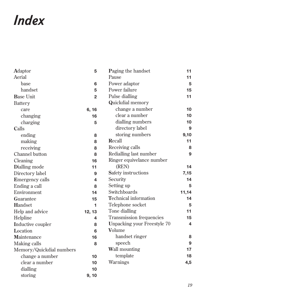 Index | BT Freestyle 70 User Manual | Page 19 / 20